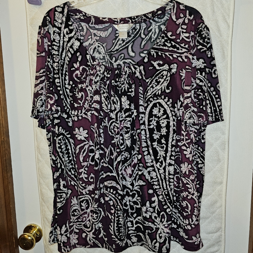 1x CJ Banks Purple White Black Short Sleeve Paisley Pattern Blouse Top Shirt